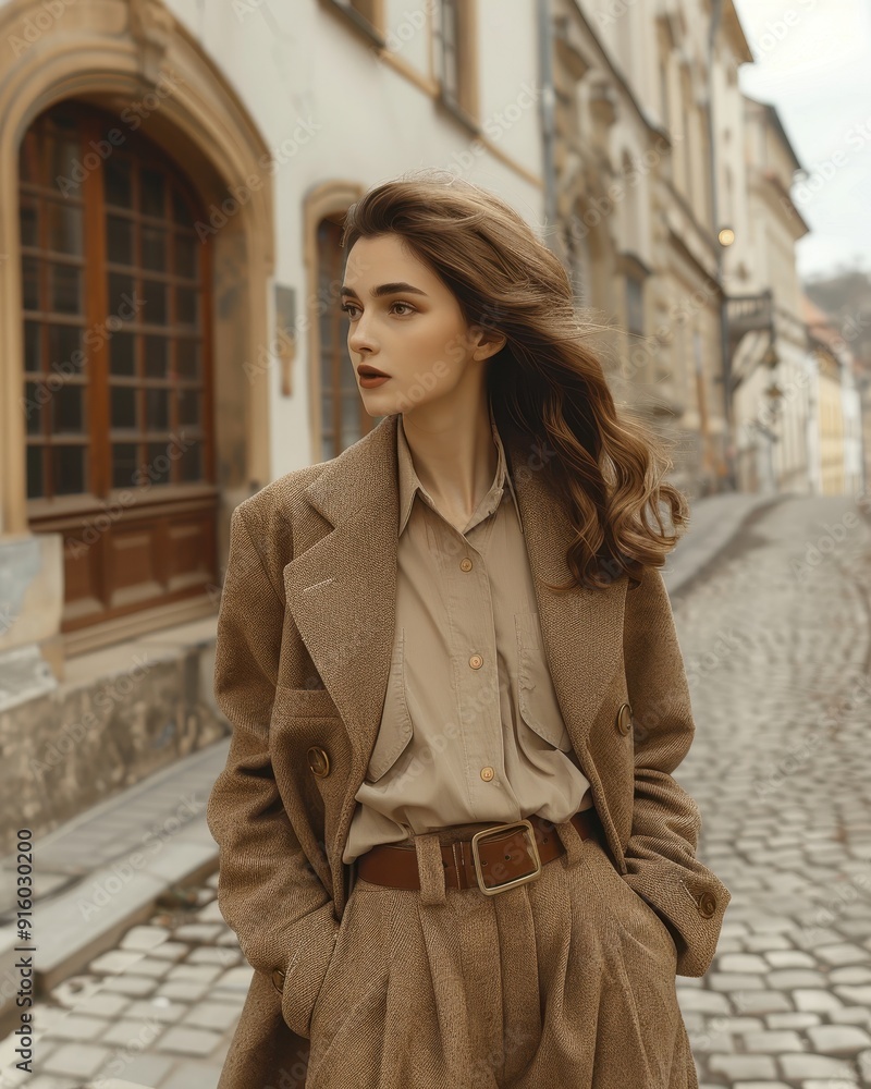 Fototapeta premium Fashionable Woman in Brown Suit Walking on Cobblestone Street