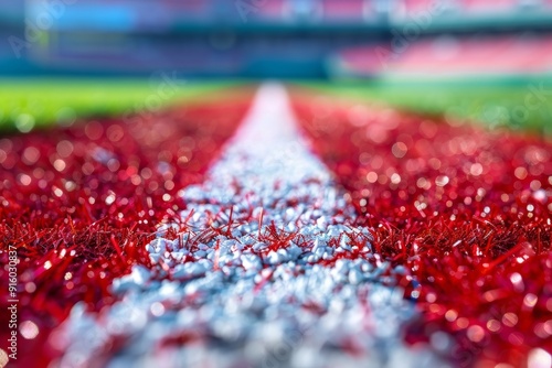 Close up of the white yard line marker on a football field with the blurred out end zone in the background, showcasing the vibrant colors of the field under the bright stadium lights photo