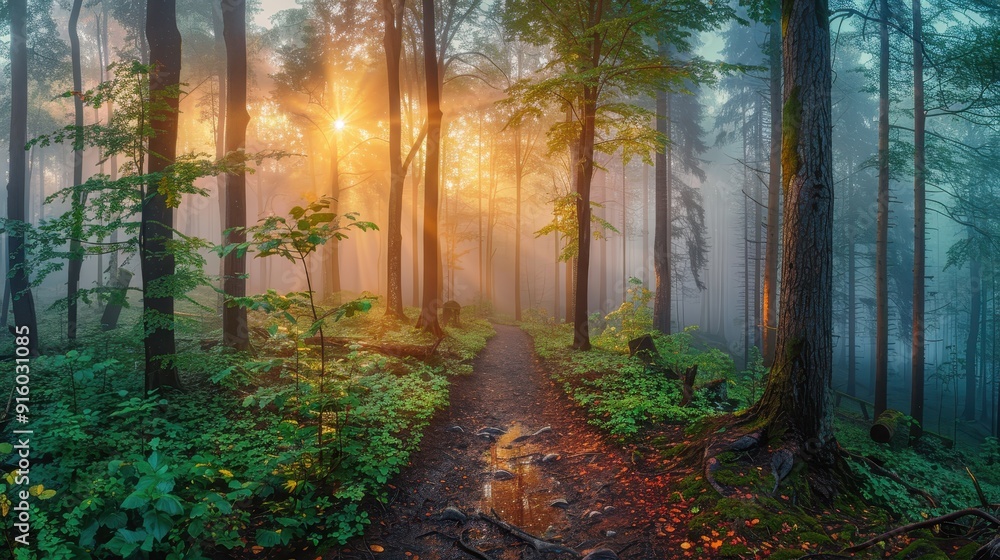 Obraz premium A Sunlit Path Through a Foggy Forest