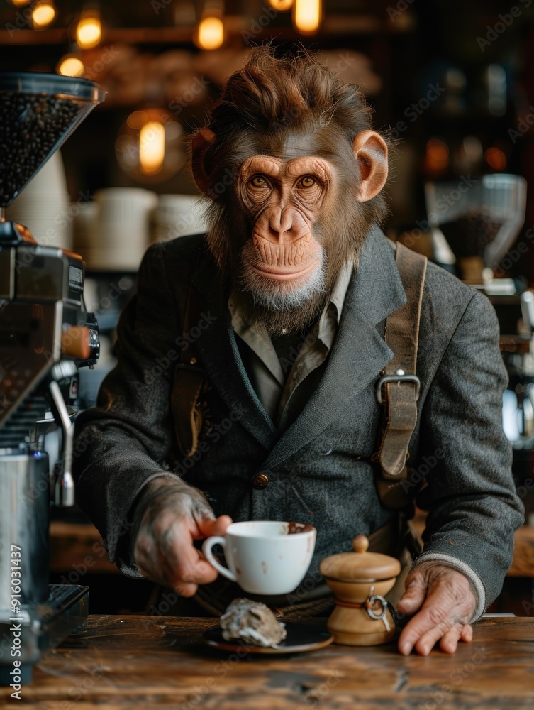 A chimpanzee in a jacket enjoys a cup of coffee. AI. A chimpanzee in a jacket enjoys a cup of coffee. AI.