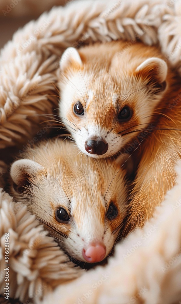 Two ferrets cuddle in a soft bed. AI. Two ferrets cuddle in a soft bed. AI.