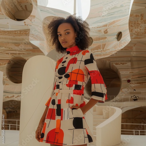 Woman in Abstract Patterned Dress Posing in Modern Architectural Space photo