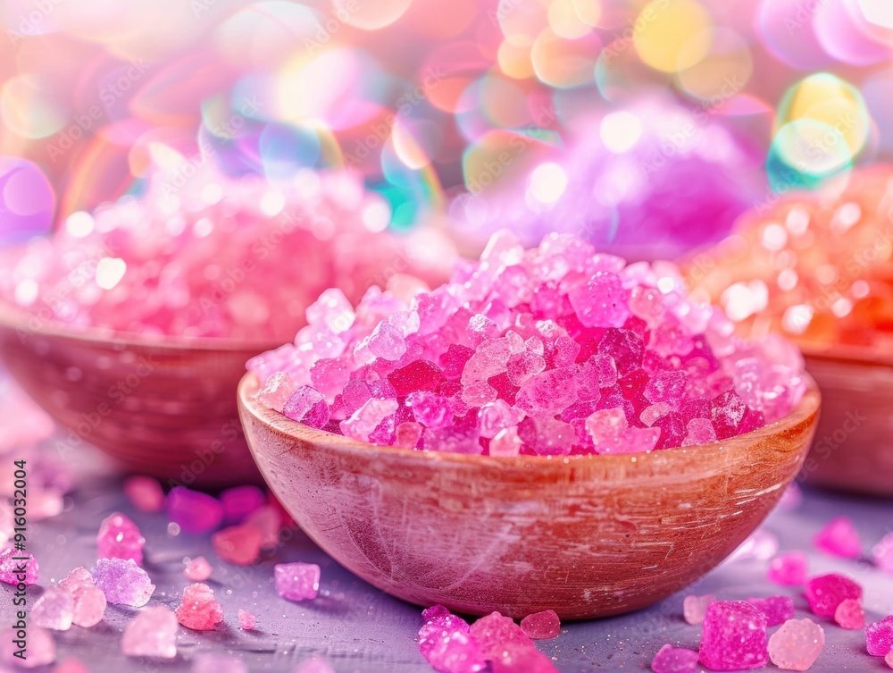 Pink bath salts in wooden bowls. AI. Pink bath salts in wooden bowls. AI.