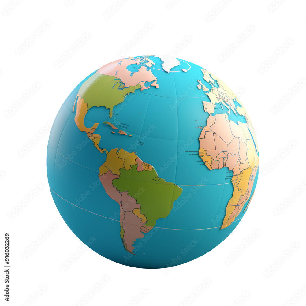 3D globe of the earth with continents colored in different shades, isolated on transparent background. 3D globe of the earth with continents colored in different shades, isolated on transparent background.