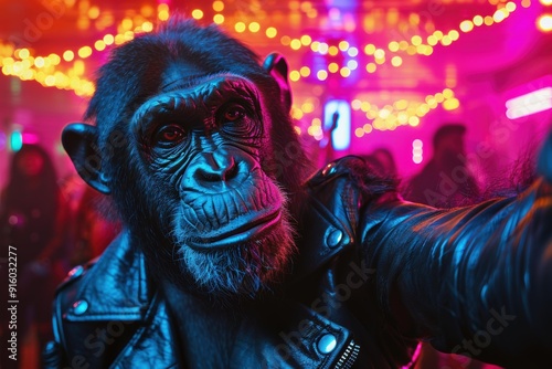 A chimpanzee dressed in a leather jacket in a club. AI.