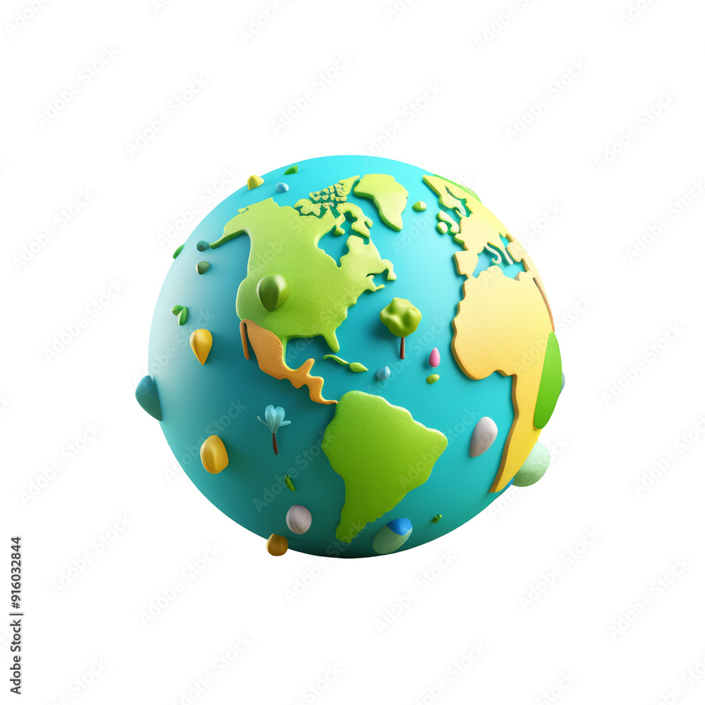 A cartoon 3D rendering of the Earth with continents, oceans, and small decorations. A cartoon 3D rendering of the Earth with continents, oceans, and small decorations.