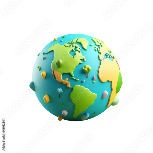 A cartoon 3D rendering of the Earth with continents, oceans, and small decorations.