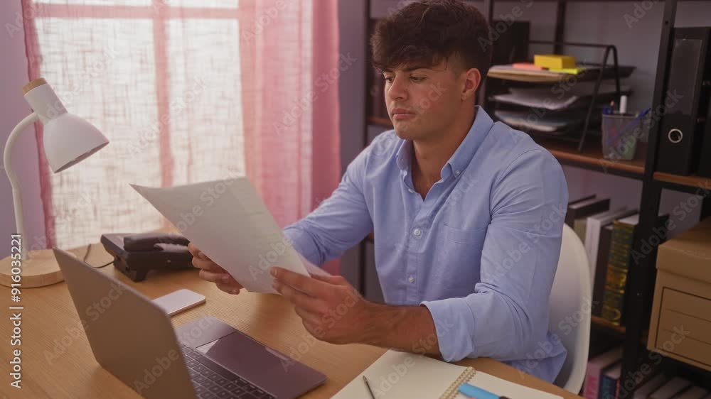 Young hispanic man working in office, reading documents at desk with laptop, lamp, and shelves in background. Young hispanic man working in office, reading documents at desk with laptop, lamp, and shelves in background.