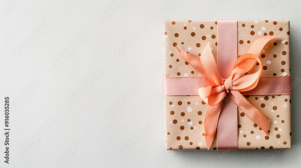 A stylishly wrapped gift adorned with a pink ribbon and polka dots sits on a light surface, ready for celebration A stylishly wrapped gift adorned with a pink ribbon and polka dots sits on a light surface, ready for celebration