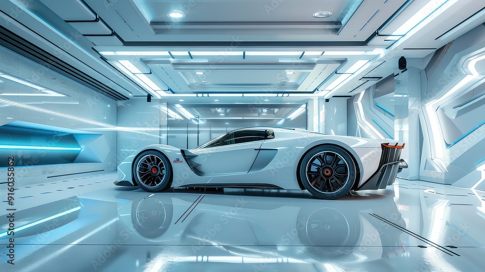 Fototapeta premium A sleek, white sports car sits in a futuristic, white garage with glowing blue lights. The car's reflection is visible on the shiny floor.