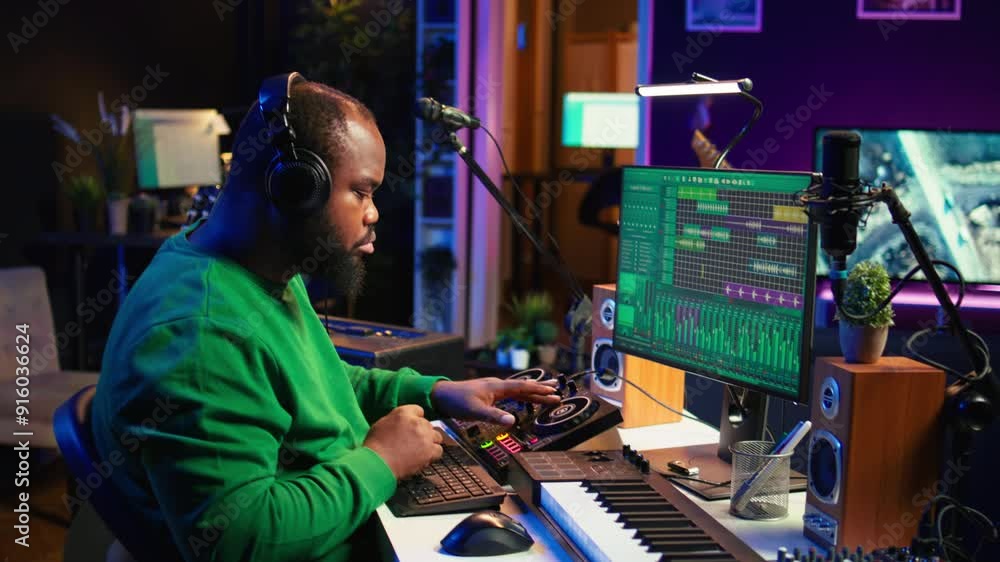 Skilled music producer composing new soundtracks on console and daw software, working with stereo gear in home studio. Young artist engineer uses pre amp knobs, signal processing. Camera B. Skilled music producer composing new soundtracks on console and daw software, working with stereo gear in home studio. Young artist engineer uses pre amp knobs, signal processing. Camera B.