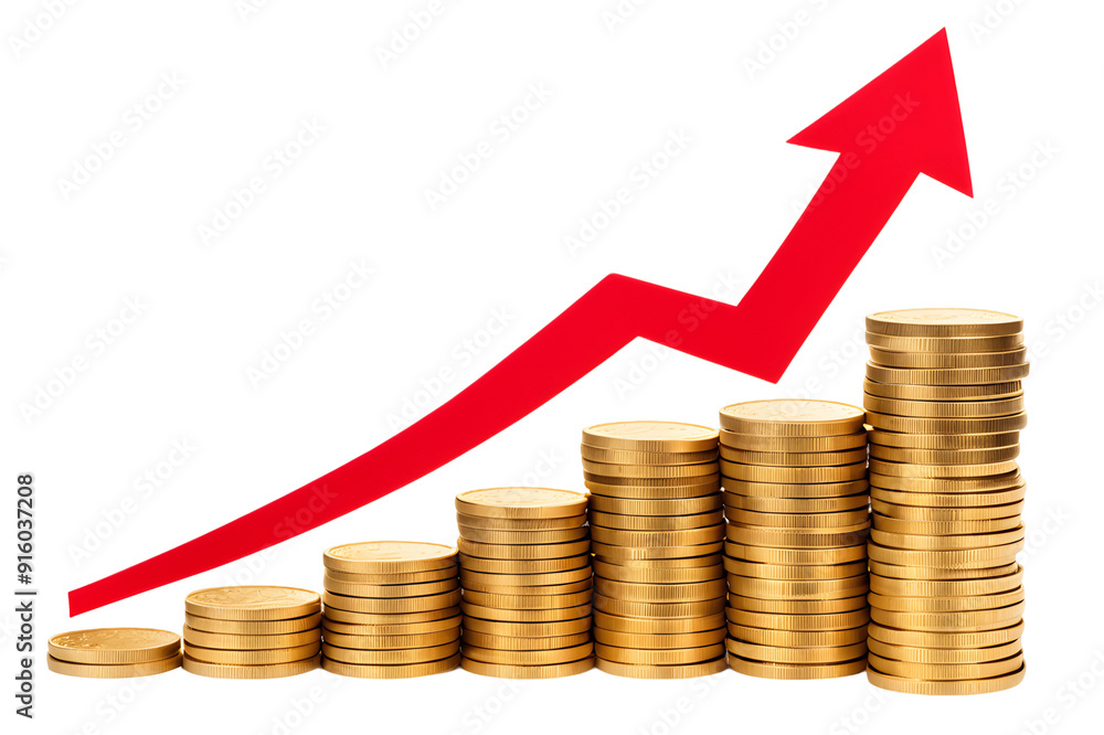 Red upward arrow with stacks of gold coins isolated on transparent background
Red upward arrow with stacks of gold coins isolated on transparent background