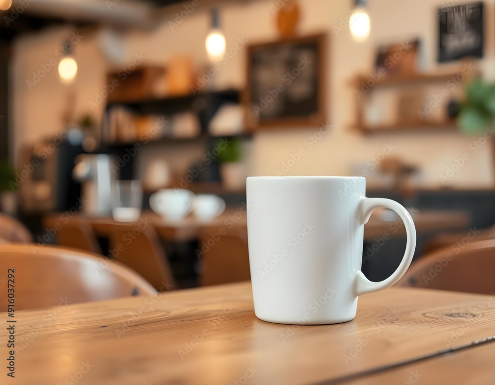 plain white mug on a rustic wooden table with a blurred background of a cozy coffee shop create with ai plain white mug on a rustic wooden table with a blurred background of a cozy coffee shop create with ai