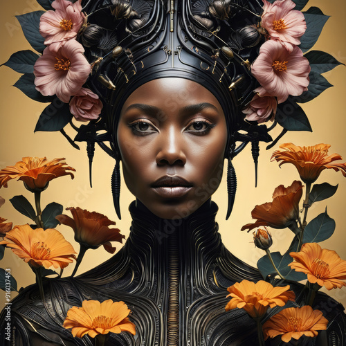 Intricate Ominous Floral Masterpiece of a beautiful black African woman connected with nature, flowers style, beautiful flowers meet stunning woman, queen of Africa, mother earth, beauty concept, natu