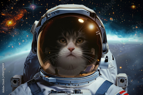 An astronaut cat in a space setting, showcasing a whimsical blend of animals and science. photo