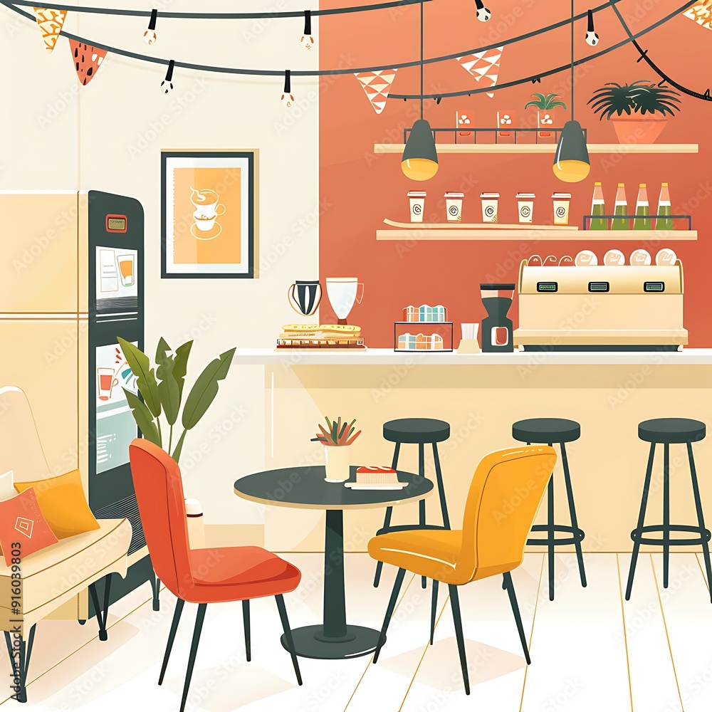 Fototapeta premium A cute illustration of an office break room with a coffee machine, snacks, and a cozy seating area with cheerful decorations. 8k UHD, suitable for high-quality printing or digital display. 