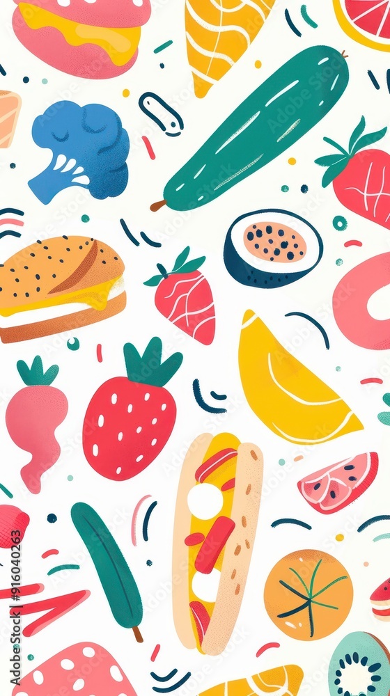 A playful assortment of fruits and snacks showcases vibrant colors and engaging shapes on a clean background A playful assortment of fruits and snacks showcases vibrant colors and engaging shapes on a clean background