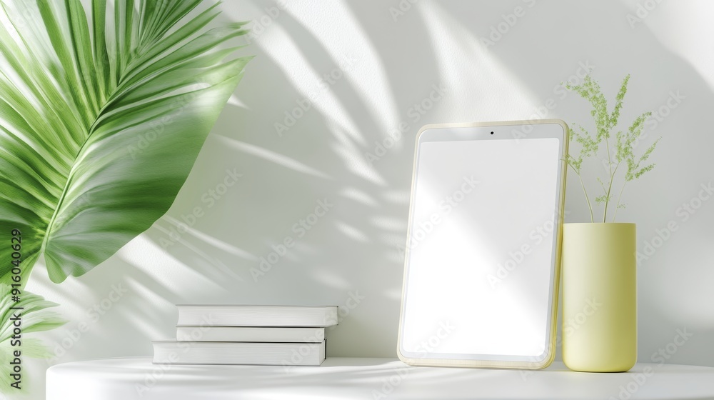 Minimalist Mockup with Tablet, Books, and Greenery Minimalist Mockup with Tablet, Books, and Greenery