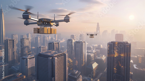 drone carries a parcel around the city courier delivery