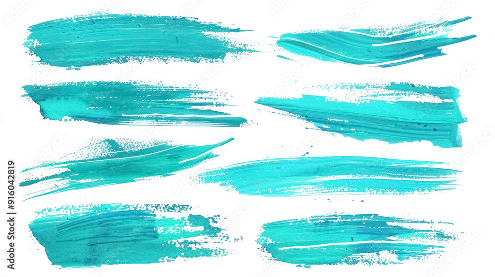 Obraz premium collection of turquoise paint brush strokes on white background for artistic textures