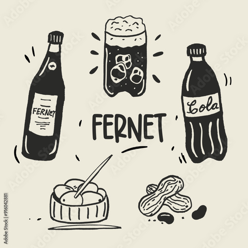 Aperitivo. Fernet con coca, viajero, gaseosa, bebida argentina tradicional tipica de la provincia de Córdoba con aceitunas y maní.
