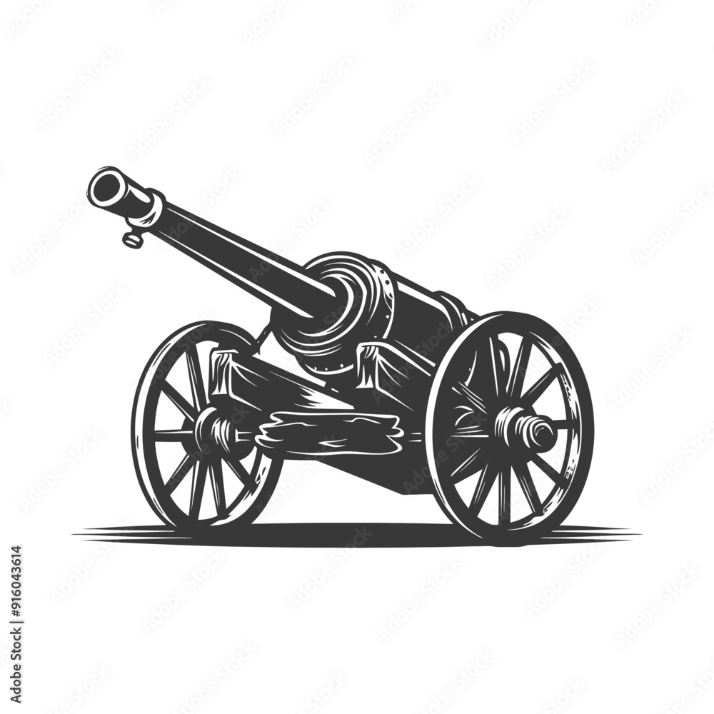Fototapeta premium Black and White Illustration of a Cannon on Wheels