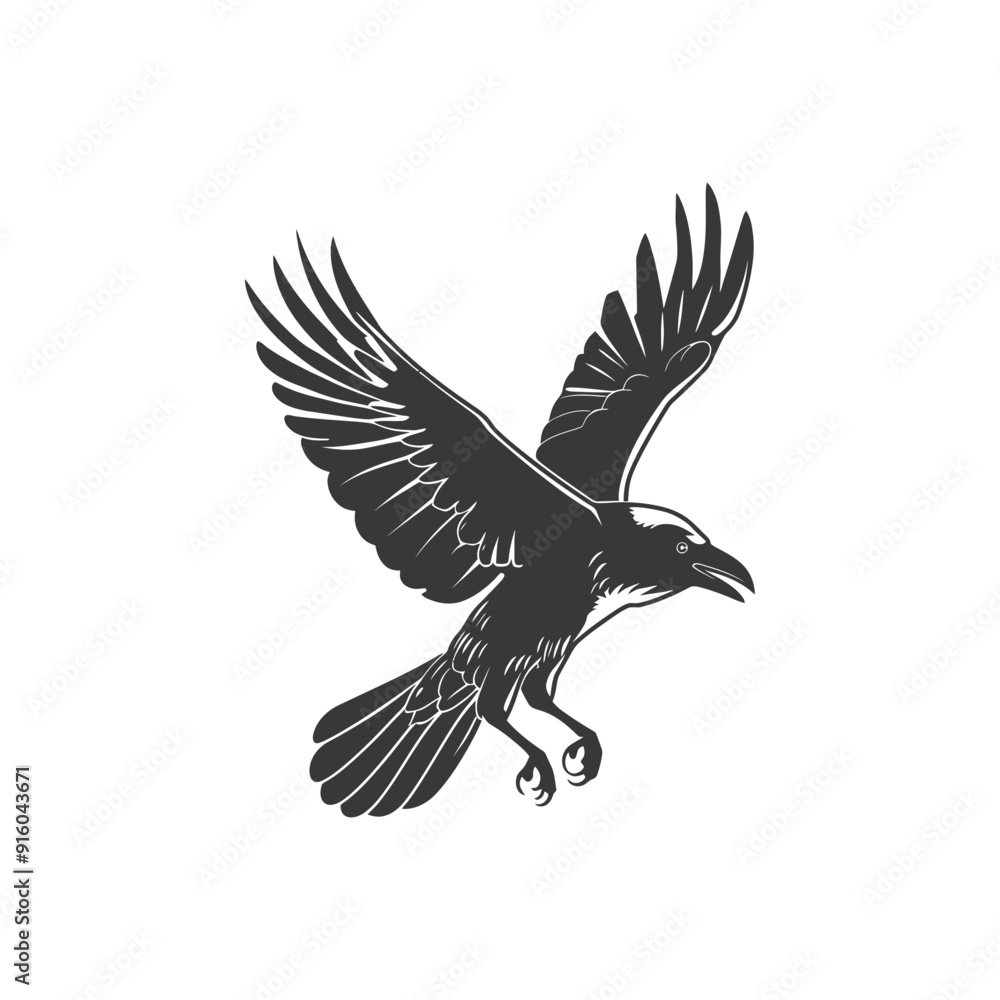 Obraz premium Black and White Illustration of a Crow in Flight