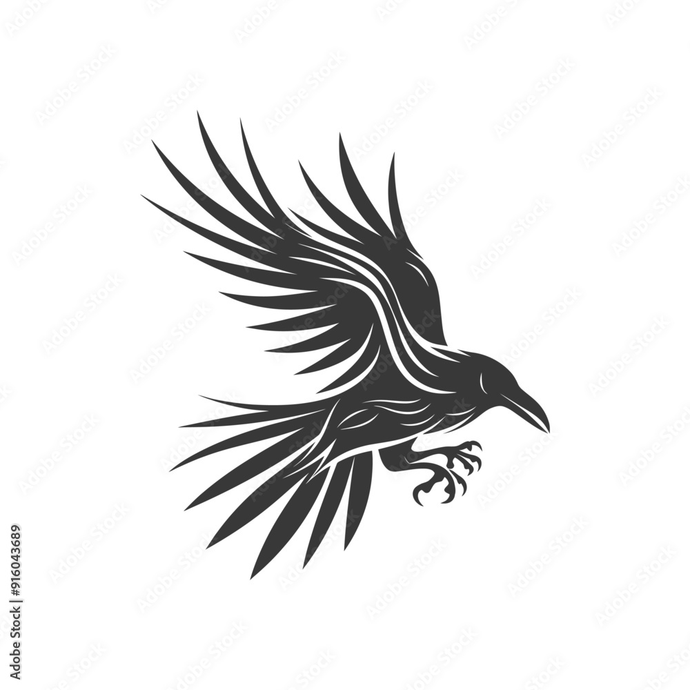 Fototapeta premium Black and white illustration of a crow in flight
