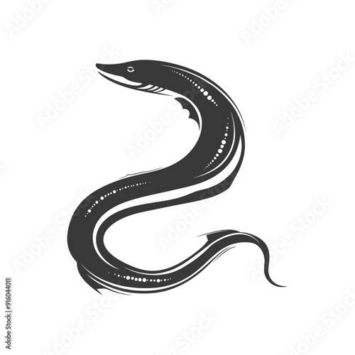 Black and white illustration of a moray eel in a swimming position