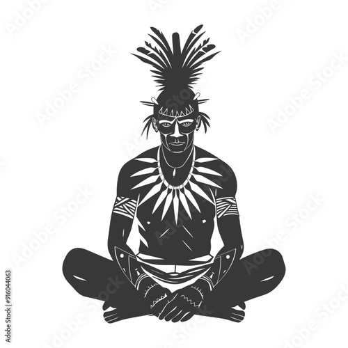 Black and White Illustration of a Native American Man in Traditional Attire