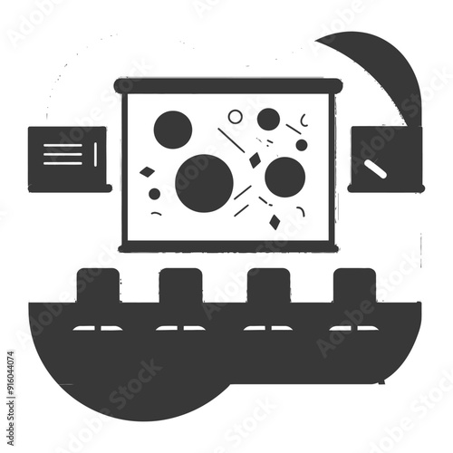 Black and white illustration of an auditorium with projector screen and audience seating