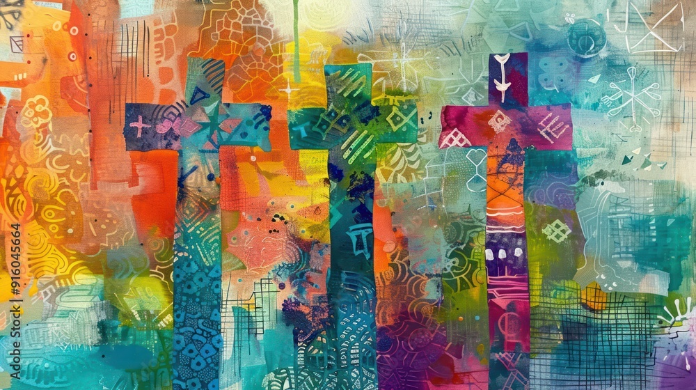 Fototapeta premium Art Painting Style of Three Crosses