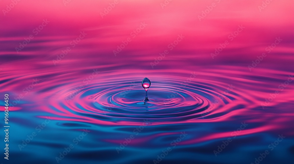 A single water drop creates ripples on a surface with a pink and blue gradient. A single water drop creates ripples on a surface with a pink and blue gradient.