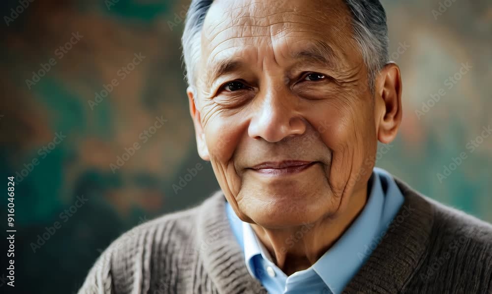 medium shot portrait of a confident Japanese man in his 80s wearing a cozy sweater against an abstract background medium shot portrait of a confident Japanese man in his 80s wearing a cozy sweater against an abstract background