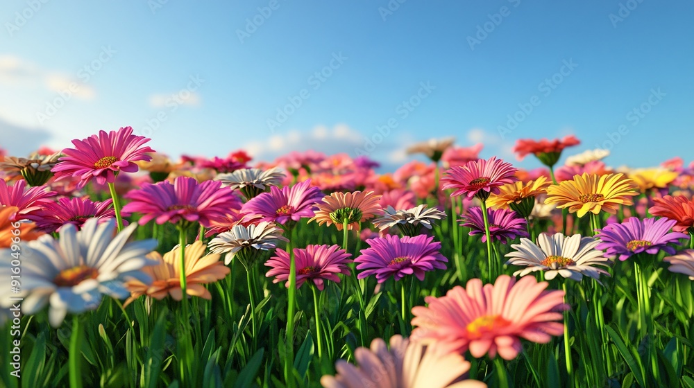 Obraz premium A field of vibrant, colorful daisies basking in the warm, sunny afternoon light, with a clear blue sky above.