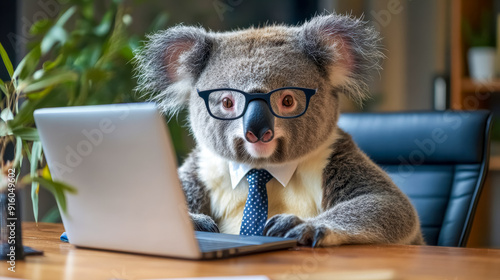 Business koala working on laptop wearing suit and glasses in office