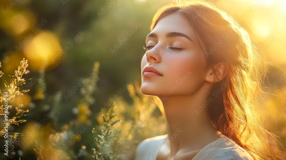 Young woman enjoying sunlight with eyes closed in meadow at golden hour Young woman enjoying sunlight with eyes closed in meadow at golden hour