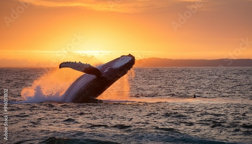 humpback whale jumping out of the water with beatuful nature ocean sunset the whale is spraying water and falling on back photo