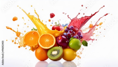 explosive fruit juice splash vivid spectrum of colors burst from multiple vitaminrich juices creating dynamic liquid sculptures against a crisp white backdrop photo