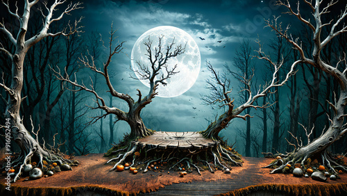 scary dark forest scenery, Halloween product display background, dead tree podium, scary full moon, dead branches product pedestal, Dead tree Podium platform 3D, ad, podium platform, product presentat photo