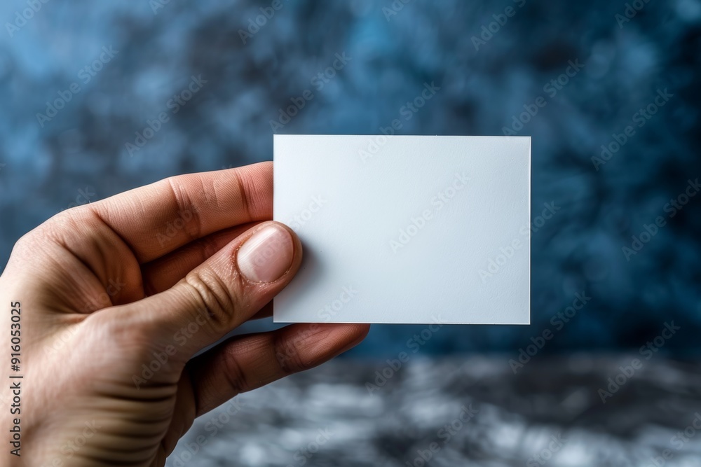 Hand elegantly holds blank white card against vibrant blue background, creating contrast. Well-lit composition emphasizes simplicity and beauty, focus on card in front of camera. Copy space. Hand elegantly holds blank white card against vibrant blue background, creating contrast. Well-lit composition emphasizes simplicity and beauty, focus on card in front of camera. Copy space.