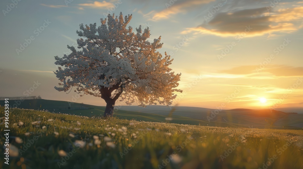 cherry tree in full bloom on the hill in the sunset cherry tree in full bloom on the hill in the sunset