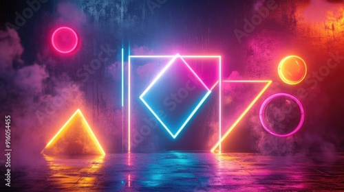 Wallpaper Mural A captivating neon arrangement of geometric shapes, glowing in a beautiful and colorful composition Torontodigital.ca