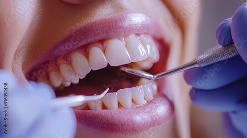 Orthodontist examining a patient's teeth with precision tools, close-up, clean clinic backdrop, hyper realistic, copy space