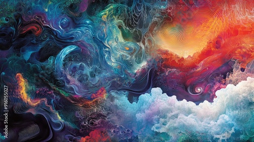 A dynamic abstract art piece featuring vibrant, flowing waveforms and intricate, colorful patterns