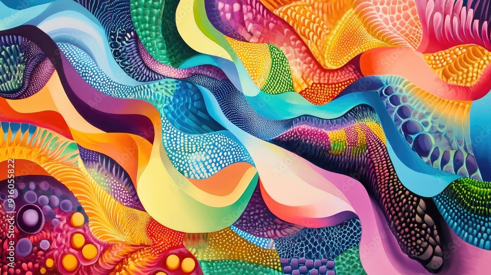 A stunning abstract art piece featuring multicolored wave forms and intricate geometric shapes, creating a vibrant visual effect A stunning abstract art piece featuring multicolored wave forms and intricate geometric shapes, creating a vibrant visual effect