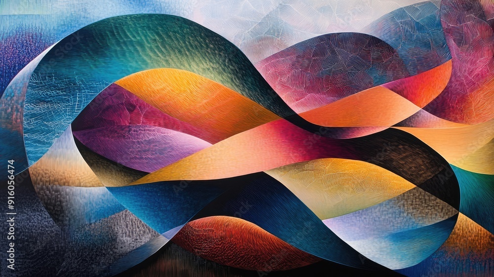 Fototapeta premium A visually stunning abstract art piece with multicolored wave forms and intricate geometric patterns