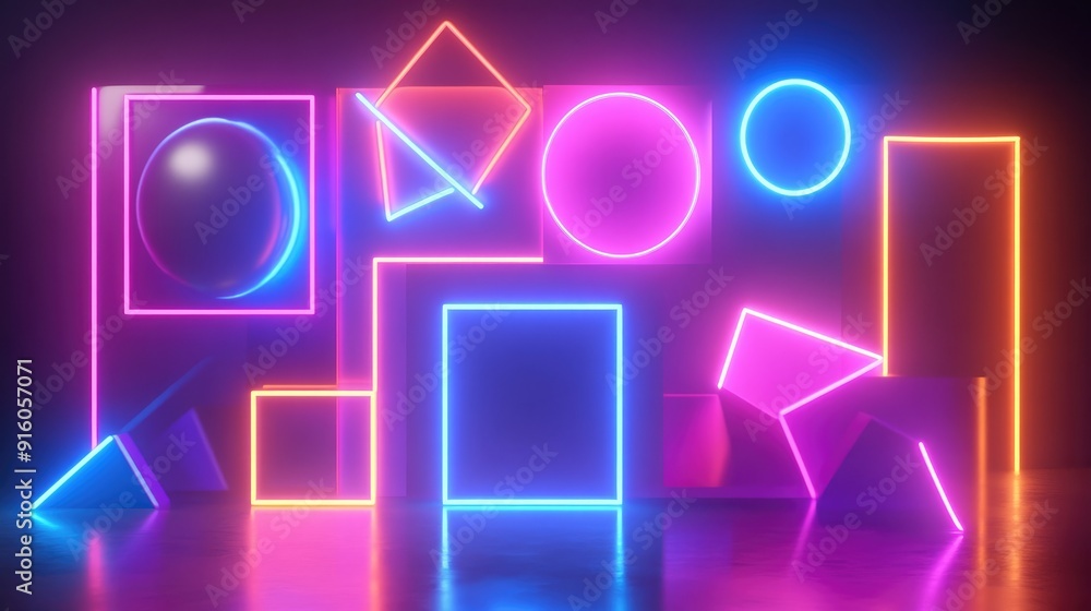 Beautiful neon geometric shapes glowing brightly, forming a stunning composition with vivid colors and patterns Beautiful neon geometric shapes glowing brightly, forming a stunning composition with vivid colors and patterns