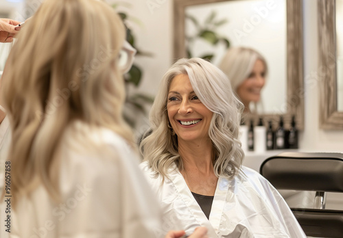 A woman smiles while getting her hair styled in a salon.