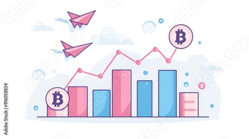 3D flat illustration of cute cartoon graph with blue and pink bars showing rising business growth concept, a paper plane flying over a pile of coins near bar charts with a bitcoin symbol 